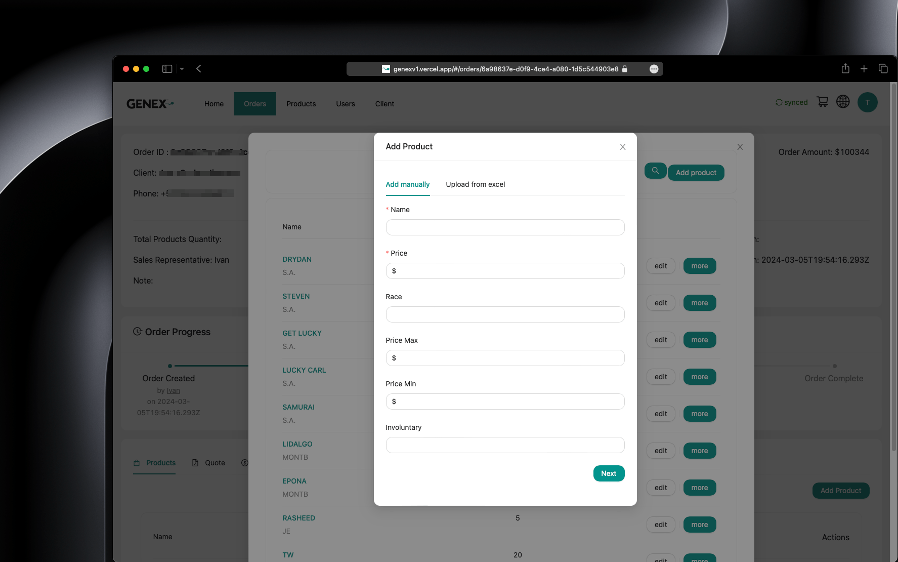 Portfolio Image of project Genex Ordering App